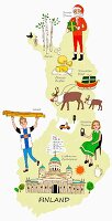 Symbolbild für Finnland mit typischen Attraktionen auf Landkarte (Illustration)