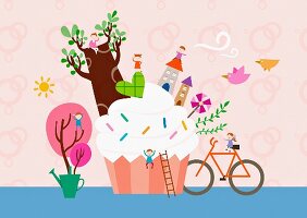 A cupcake surrounded by a bicycle, a tree and houses (illustration)