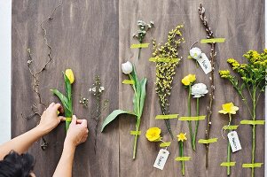 Spring arrangement of various flowers labelled & stuck down with washi tape