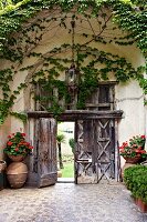 View from courtyard through rustic wooden door flanked by bowls of flowering plants