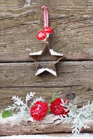 Star-shaped pastry cutter with artificial snow and toadstool decorations above roses and sea ragwort (Senecio bicolor)