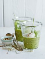 Cucumber gazpacho with sunflower seeds in glasses