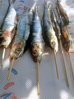 Fische, aufgespießt zum Grillen