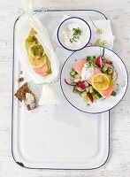 Oven-baked salmon on a cucumber and radish salad with a herb dip and wholemeal bread