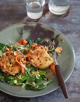 Vegan rice cakes on flash fried bok choy