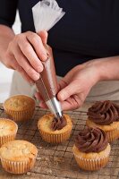 Chocolate frosting being piped onto cupcakes