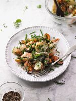 Potato salad with mussels, prawns and fresh herbs