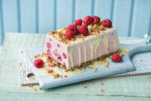 Raspberry ice cream cake with a biscuit base