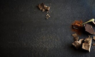 Various types of cooking chocolate and cocoa powder on a grey surface