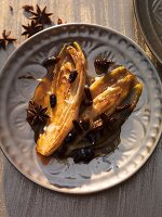 Oriental chicory in butter caramel with tiny morel mushrooms