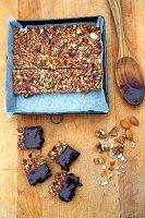 Dried fruit and nut bars with honey and dark chocolate glaze