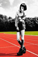A young woman wearing a pair of shorts and shiny jacket standing on a running track