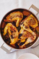 Spring chickens with morel mushrooms in a pot