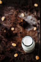 Rich and moist gingerbread cake with candied ginger and a bottle of milk