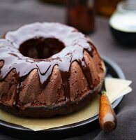 A chocolate Bundt cake with chocolate glaze