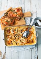 Turnip, pear and sweet potato bake served with pork chops