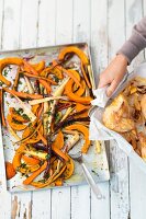 Caramelised carrots, parsnips and pumpkin with saffron chicken