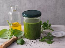 A jug of salsa verde