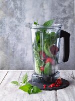 A blender filled with herbs, salad and fruit for smoothies