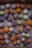 Various vegan chocolate truffles (seen from above)