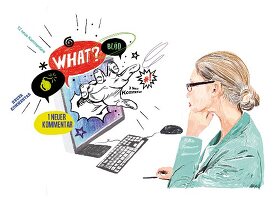 Illustration: Frau am Computer kommuniziert über soziale Netzwerke