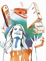 Illustration: Frau jongliert mit Arbeitsmaterialien und Telefon