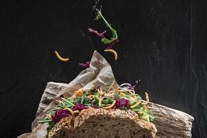 Vollkorn-Sandwich mit Gemüse und krusprigen Mehlwürmern