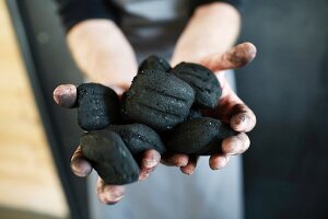 A woman holding charcoal briquettes