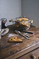 Blueberry scones on a rustic chest of drawers