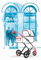 A pram standing outside a bar (illustration)