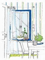 Illustration: Fenstergestaltung mit blauer Fensterlaibung, Streifentapete und luftigem Vorhang im Essbereich