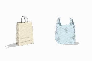 An illustration of a paper bag and a plastic bag