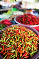 Verschiedene Chilis auf dem Markt in Phuket, Thailand, Asien