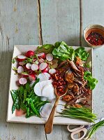 Mangetout & radish salad with duck meat and plum & chilli sauce