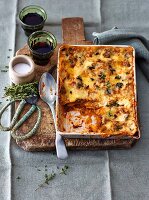 Lasagne with thyme in a casesrole dish