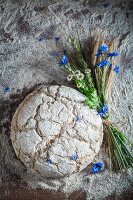 Ungebackenes Brot mit Mehl und Getreideähren