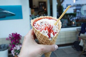 Spaghetti ice cream in a cone from the 'Eisprinzessin' ice cream parlour in Hamburg, Germany