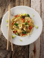 Yellow Oyster mushroom stir fry with noodles, mange tout, red pepper, spring onions and start anise