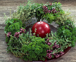 Herb wreath of parsley, oregano, thyme, rosemary