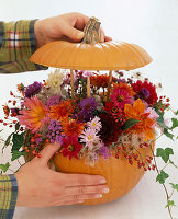 Pumpkin as a vase (5/6). Pumpkin decoration with dahlias, chrysanthemums and branches