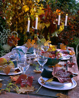 Parthenocissus (Wilder Wein) als Tischdeko mit poetischen Herbsttexten. Geschirr