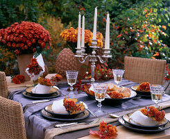 Chrysanthemum (Chrysanthemums in orange and copper) Acer (Maple foliage), Rosa (Rosehip)