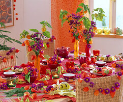 Autumn table decoration: Physalis (lampions), berries as wreaths, Euonymus