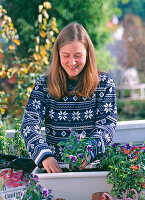 Planting viola, ivy and spring onions in a white metal box (5/9)