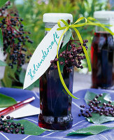 Bottles with Sambucus (elderberry) berries juice