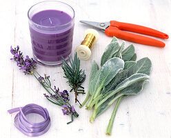 Candle jars with lavender and lamb's ear