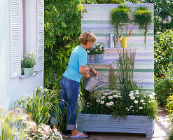 Self-made planter box with back wall as privacy screen