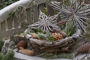 Bark basket filled with pine cones and twigs