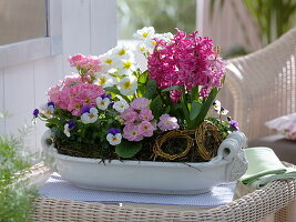 Ceramic white Jardiniere planted with Hyacinthus 'Pink Pearl'