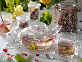 Tee aus Rosa (Rosenblütenblättern) und Mentha (Minze)